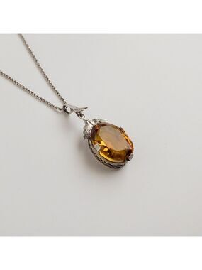 Vintage Sterling Silver 925 Necklace Oval Brown Topaz Glass Filigree Pendant